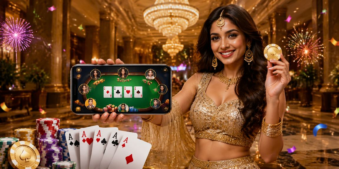 Indian player engaged in live teen patti game with vibrant traditional decor